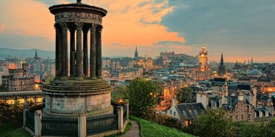 View over the historic center of Edinburgh Scotland at sunset
